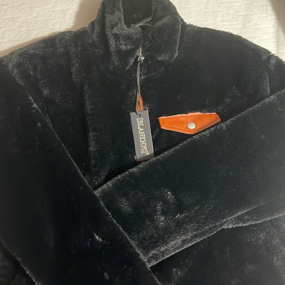 Blank NYC Black Faux Fur Pullover with Leather Trim